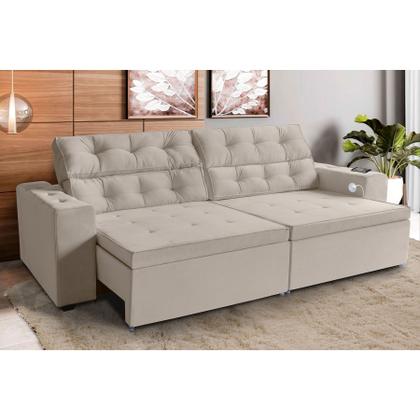 Imagem de Sofá 3 lugares Estella 2,60  metros Bege Retrátil Reclinável Tecnologia Carregamento 4 portas USB ,com tapete Incluso - 