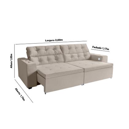 Imagem de Sofá 3 lugares Estella 2,60  metros Bege Retrátil Reclinável Tecnologia Carregamento 4 portas USB ,com tapete Incluso - 