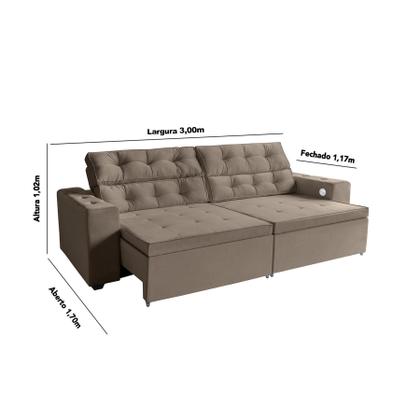 Imagem de Sofá 3 lugares Estella 3,00  metros Castor Retrátil Reclinável Tecnologia Carregamento 4 portas USB ,com tapete Incluso 