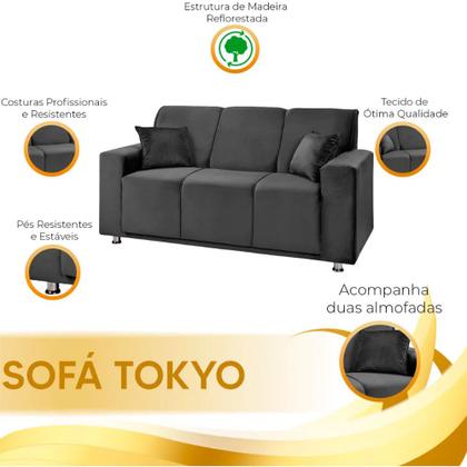 Imagem de Sofá 3 Lugares Fixo Tokyo Veludo Cinza Chumbo - Star Confort