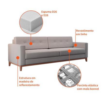 Imagem de Sofá 3 Lugares Living Base de Madeira Linho Cotton Cru