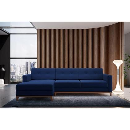 Imagem de Sofá 3 Lugares Living com Chaise Esquerdo Pés e Base em Madeira Linho Cotton Azul Marinho