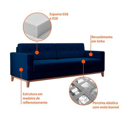 Sofá 3 Lugares Living Pés e Base em Madeira Linho Cotton Azul Marinho 180 cm - Mobly Imagem de Sofá 3 Lugares Living Pés e Base em Madeira Linho Cotton Azul Marinho 180 cm