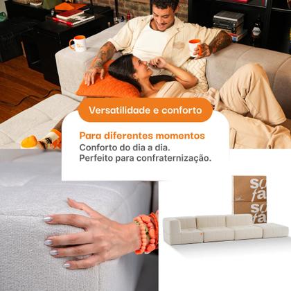 Imagem de Sofá 3 lugares Modular com Apoio Puff  Sofá na Caixa em Boucle com 4 Módulos 2,58m 1 Braço