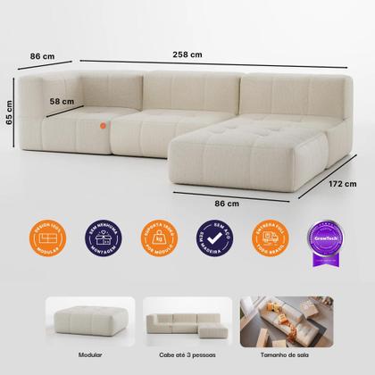 Imagem de Sofá 3 lugares Modular com Apoio Puff  Sofá na Caixa em Boucle com 4 Módulos 2,58m 1 Braço
