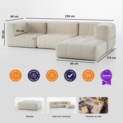 Imagem de Sofá 3 lugares Modular com Apoio Puff  Sofá na Caixa em Boucle com 4 Módulos 2,58m 2 Braços