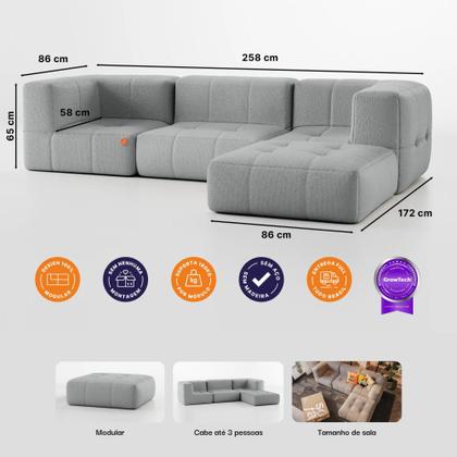 Sofá 3 lugares Modular com Apoio Puff Sofá na Caixa em Boucle com 4 Módulos 2,58m 2 Braços Imagem de Sofá 3 lugares Modular com Apoio Puff Sofá na Caixa em Boucle com 4 Módulos 2,58m 2 Braços