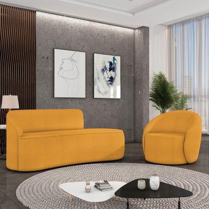 Imagem de Sofá 3 Lugares Orgânico 180cm Morgan E Poltrona Lua Bouclê Mostarda D03 - D'rossi