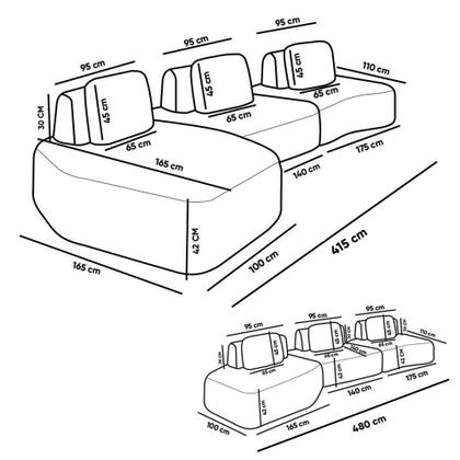 Imagem de Sofá 3 Lugares Orgânico Com Chaise E 2 Módulos Berlim Bouclê Grafite-cinza Caro K01 - D'rossi