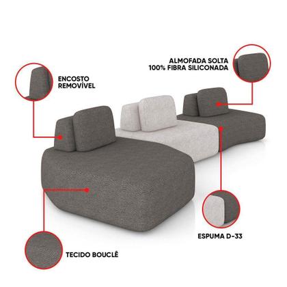Imagem de Sofá 3 Lugares Orgânico Com Chaise E 2 Módulos Berlim Bouclê Grafite-cinza Caro K01 - D'rossi