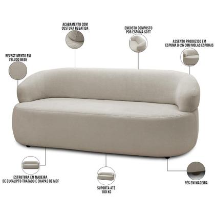 Imagem de Sofá 3 Lugares Orgânico Sala de Estar Living 170cm Carmen F04 Veludo Bege - Lyam Decor