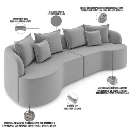 Imagem de Sofá 3 Lugares Orgânico Sala De Estar Living 230cm Ekos K01 Veludo Cinza Claro - Lyam Decor