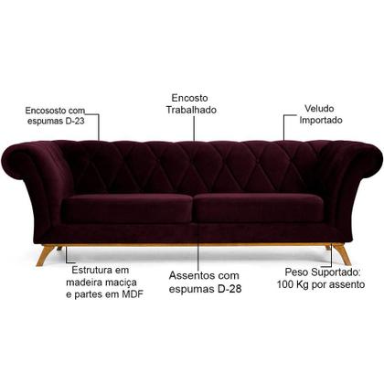 Imagem de Sofá 3 Lugares Para Sala de Estar Império 230 cm D02 Veludo Roxo Grape C-292 - Lyam Decor