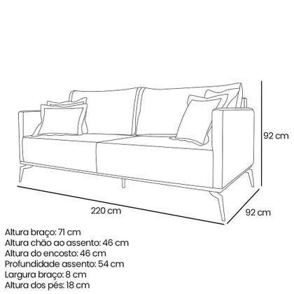 Imagem de Sofá 3 Lugares Pé De Ferro Preto Rafaela 220 Cm Linho S04 - D'rossi Cor Cinza