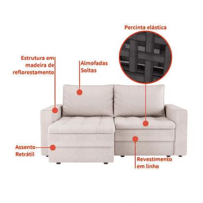 Imagem de Sofá 3 Lugares Retrátil Berna Linho Cru 180 cm