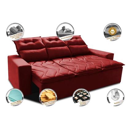 Imagem de Sofá 3 Lugares Retrátil e Reclinável 2,00m Cama inBox Smal com bordado pantográfico Suede Vermelho