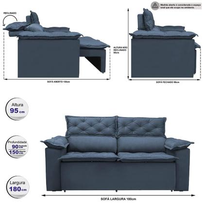 Imagem de Sofá 3 Lugares Retrátil e Reclinável Cama inBox Compact 1,80m Velusoft Azul
