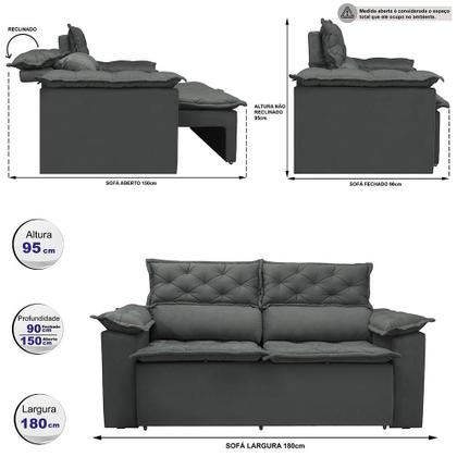 Imagem de Sofá 3 Lugares Retrátil e Reclinável Cama inBox Compact 1,80m Velusoft Cinza