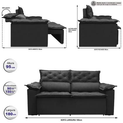 Imagem de Sofá 3 Lugares Retrátil e Reclinável Cama inBox Compact 1,80m Velusoft Preto