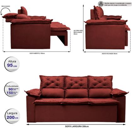 Imagem de Sofá 3 Lugares Retrátil e Reclinável Cama inBox Compact 2,00m Velusoft Vermelho