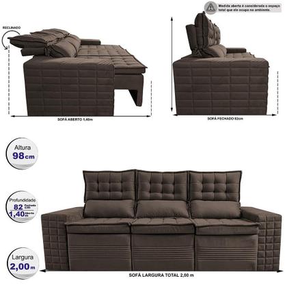 Imagem de Sofá 3 Lugares Retrátil e Reclinável Cama inBox Senses 2,00m Velusoft Café