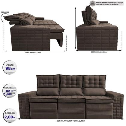 Imagem de Sofá 3 Lugares Retrátil e Reclinável Cama inBox Senses 2,00m Velusoft Café
