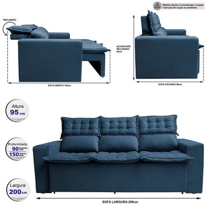 Imagem de Sofá 3 Lugares Retrátil e Reclinável Cama inBox Slim 2,00m Velusoft Azul