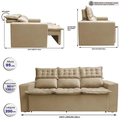 Imagem de Sofá 3 Lugares Retrátil e Reclinável Cama inBox Slim 2,00m Velusoft Bege
