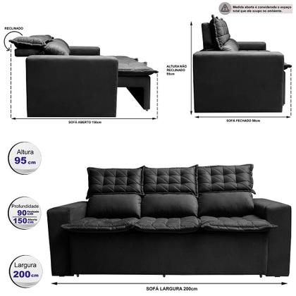 Imagem de Sofá 3 Lugares Retrátil e Reclinável Cama inBox Slim 2,00m Velusoft Preto