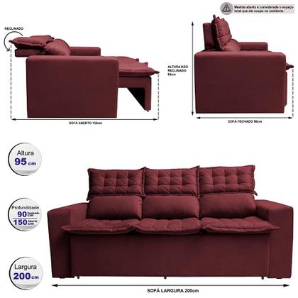 Imagem de Sofá 3 Lugares Retrátil e Reclinável Cama inBox Slim 2,00m Velusoft Vinho