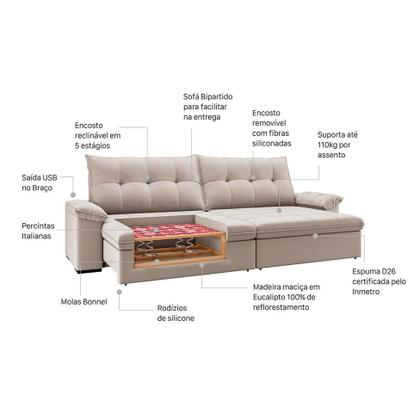 Imagem de Sofá 3 Lugares Retrátil e Reclinável com USB Flexforma Triton Veludo Marfim 230 cm