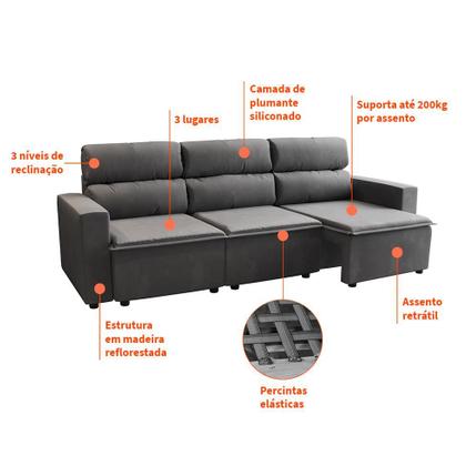 Imagem de Sofá 3 Lugares Retrátil e Reclinável Hanôver II Suede Grafite 210 cm
