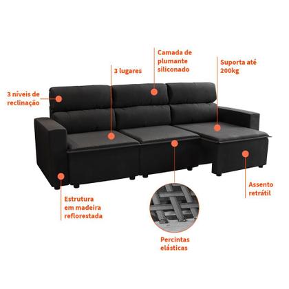 Imagem de Sofá 3 Lugares Retrátil e Reclinável Hanôver II Suede Preto 210 cm