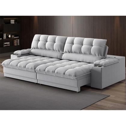 Imagem de Sofá 3 Lugares Retrátil e Reclinável Helen com USB e Porta-Copos Linho Prata 210 cm