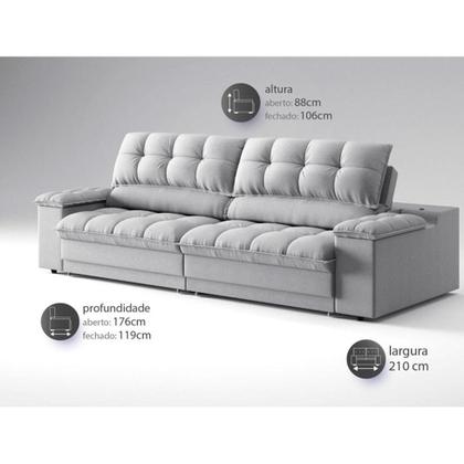 Imagem de Sofá 3 Lugares Retrátil e Reclinável Helen com USB e Porta-Copos Linho Prata 210 cm