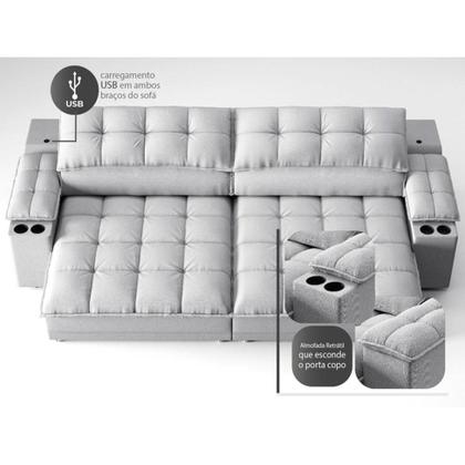 Imagem de Sofá 3 Lugares Retrátil e Reclinável Helen com USB e Porta-Copos Linho Prata 210 cm