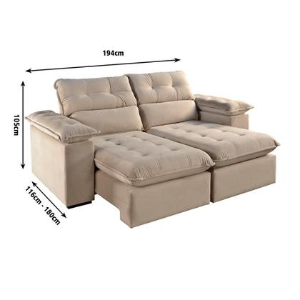 Imagem de Sofá 3 Lugares Retrátil e Reclinável Jobi com USB Veludo Bege Natural 194 cm