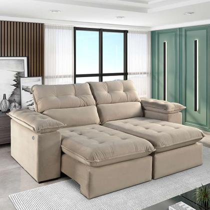 Sofá 3 Lugares Retrátil e Reclinável Jobi com USB Veludo Bege Natural 194 cm - Estofart Imagem de Sofá 3 Lugares Retrátil e Reclinável Jobi com USB Veludo Bege Natural 194 cm