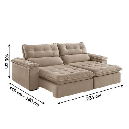 Sofá 3 Lugares Retrátil e Reclinável Jobi com USB Veludo Bege Natural 234 cm - Estofart Imagem de Sofá 3 Lugares Retrátil e Reclinável Jobi com USB Veludo Bege Natural 234 cm