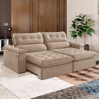 Sofá 3 Lugares Retrátil e Reclinável Jobi com USB Veludo Bege Natural 234 cm - Estofart Imagem de Sofá 3 Lugares Retrátil e Reclinável Jobi com USB Veludo Bege Natural 234 cm