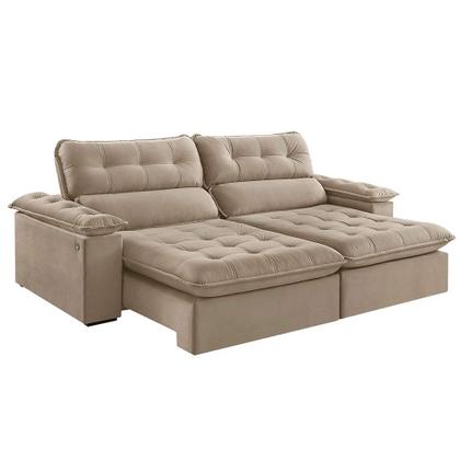 Sofá 3 Lugares Retrátil e Reclinável Jobi com USB Veludo Bege Natural 234 cm - Estofart Imagem de Sofá 3 Lugares Retrátil e Reclinável Jobi com USB Veludo Bege Natural 234 cm