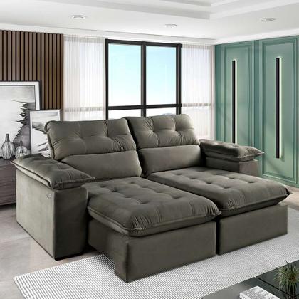 Sofá 3 Lugares Retrátil e Reclinável Jobi com USB Veludo Cinza 194 cm - Estofart Imagem de Sofá 3 Lugares Retrátil e Reclinável Jobi com USB Veludo Cinza 194 cm