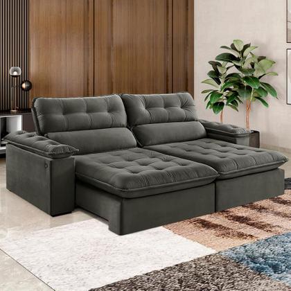 Imagem de Sofá 3 Lugares Retrátil e Reclinável Jobi com USB Veludo Cinza 234 cm