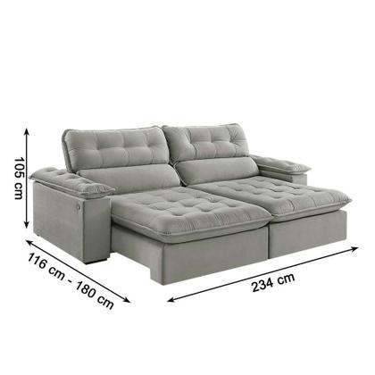 Sofá 3 Lugares Retrátil e Reclinável Jobi com USB Veludo Cinza Prateado 234 cm - Estofart Imagem de Sofá 3 Lugares Retrátil e Reclinável Jobi com USB Veludo Cinza Prateado 234 cm
