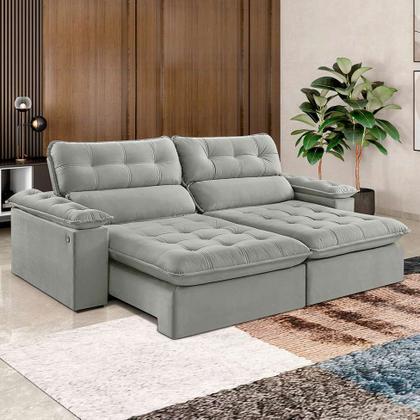 Sofá 3 Lugares Retrátil e Reclinável Jobi com USB Veludo Cinza Prateado 234 cm - Estofart Imagem de Sofá 3 Lugares Retrátil e Reclinável Jobi com USB Veludo Cinza Prateado 234 cm