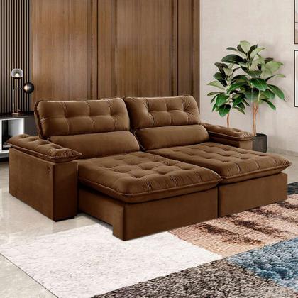 Sofá 3 Lugares Retrátil e Reclinável Jobi com USB Veludo Marrom 234 cm - Estofart Imagem de Sofá 3 Lugares Retrátil e Reclinável Jobi com USB Veludo Marrom 234 cm