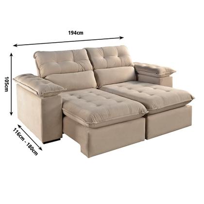 Imagem de Sofá 3 Lugares Retrátil e Reclinável Jobi Veludo Bege Natural 194 cm