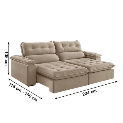 Imagem de Sofá 3 Lugares Retrátil e Reclinável Jobi Veludo Bege Natural 234 cm