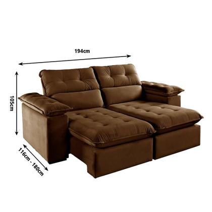 Imagem de Sofá 3 Lugares Retrátil e Reclinável Jobi Veludo Marrom 194 cm