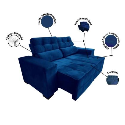 Sofá 3 Lugares Retrátil e Reclinável New York Premium 2 m - AZUL - Casei Mudei Imagem de Sofá 3 Lugares Retrátil e Reclinável New York Premium 2 m - AZUL